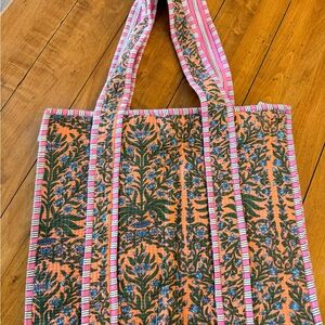 Floral Patterned Tote Bag - Orange and Blue